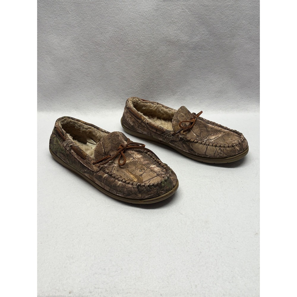 George Mens Camo Moccasin Slippers Faux Fur Lined Brown Size 13-14